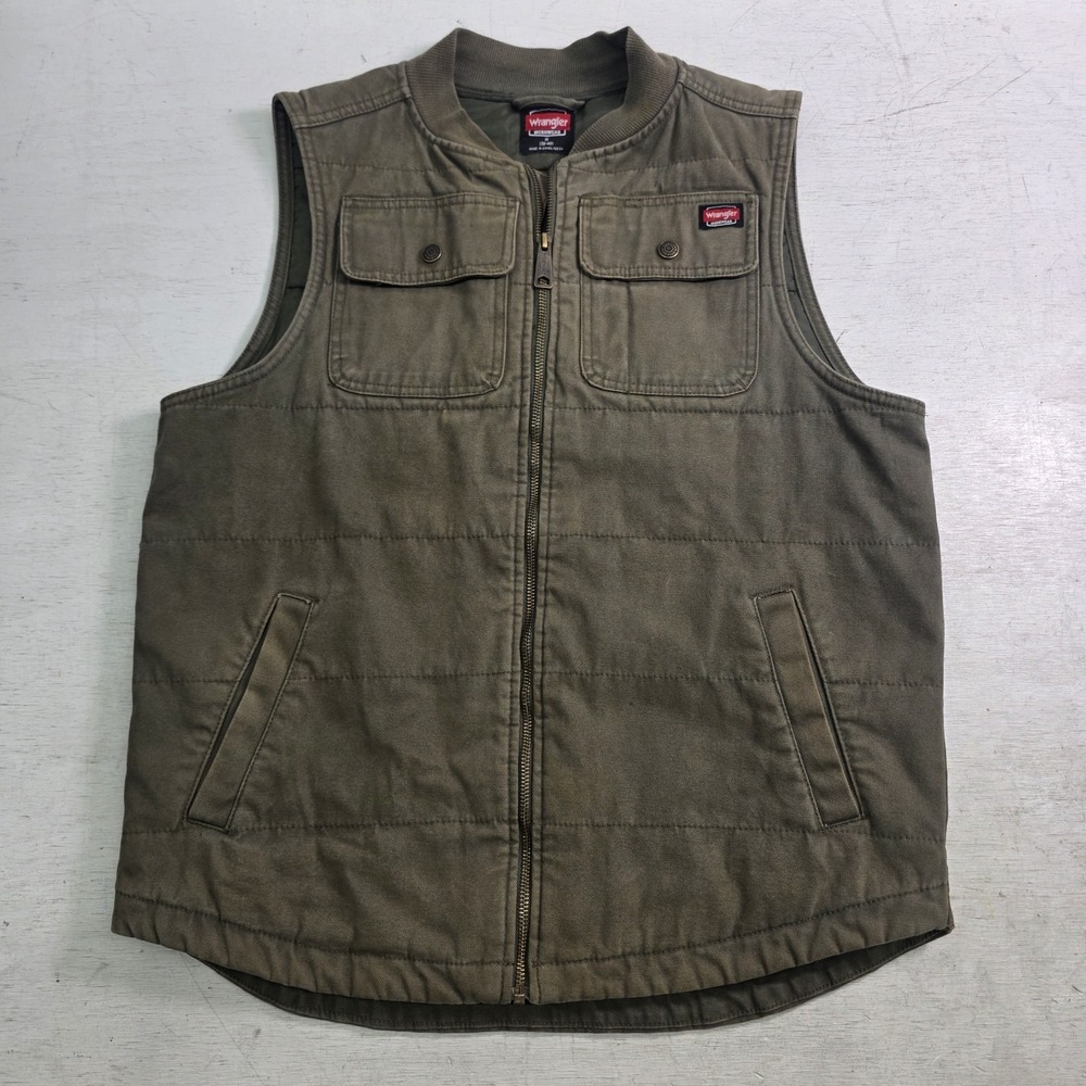 Wrangler Workwear Men's M Quilted Lined Canvas Vest Green Faded Snap Pockets VG